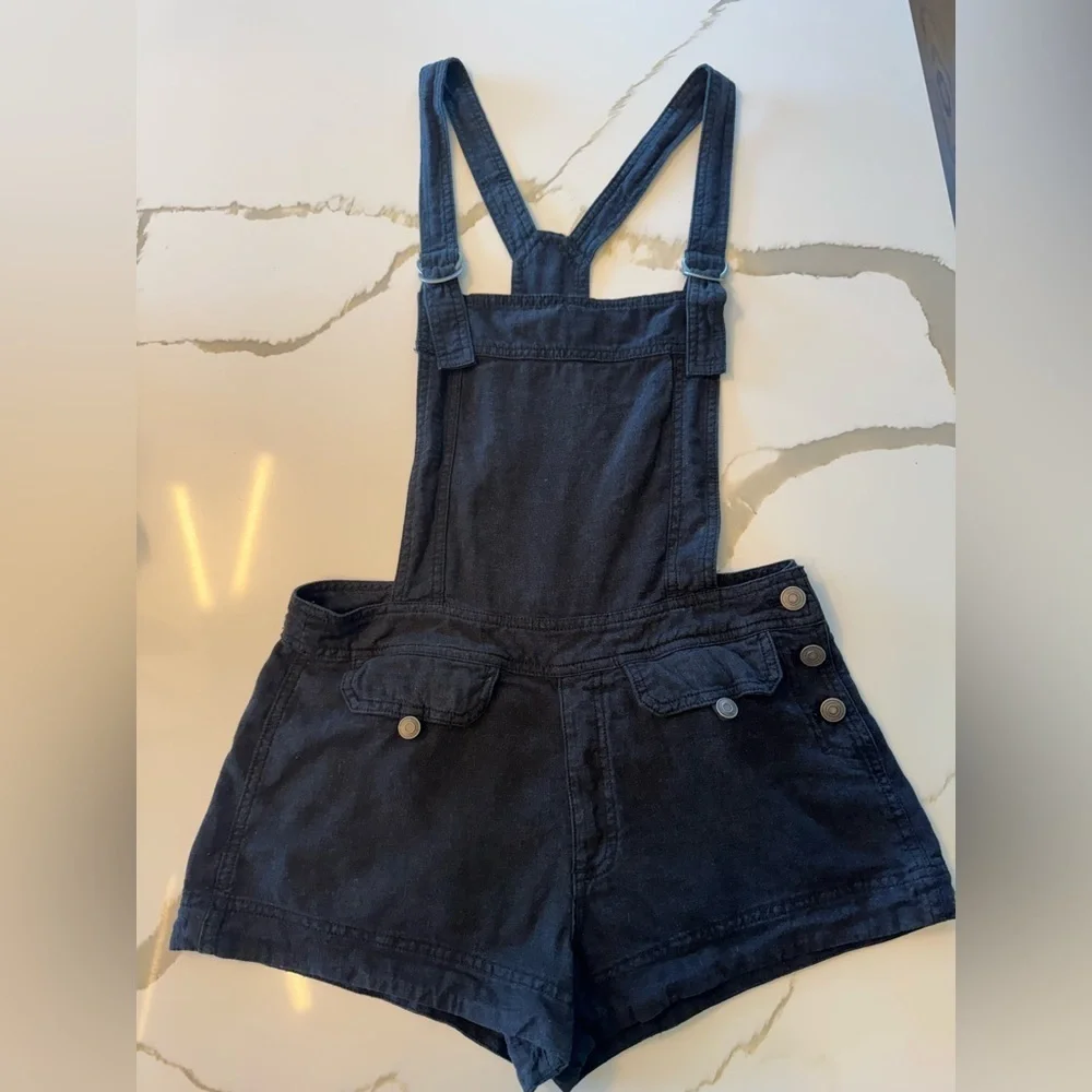 Free People Black Linen Short Overalls
